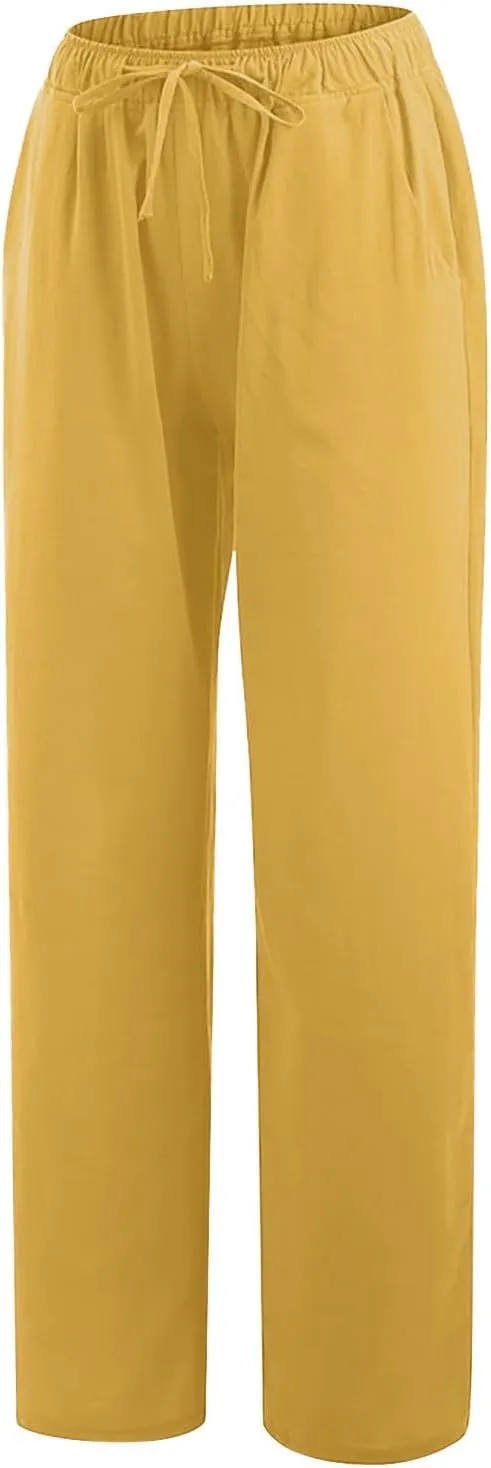 FZYLQY 2025 Women's Drawstring Waist Harem Pants Soft Cotton Linen Trousers with Pockets Loose Fit Casual Slacks for Summer
