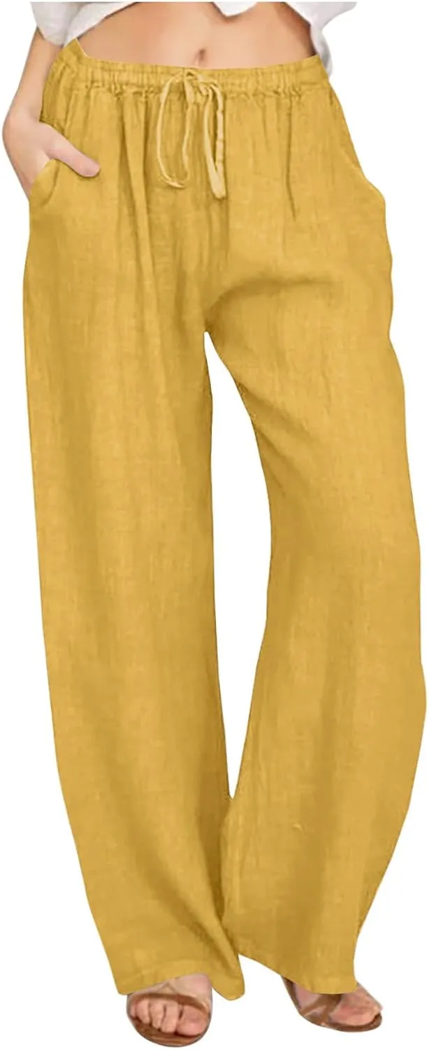 FZYLQY 2025 Women's Drawstring Waist Harem Pants Soft Cotton Linen Trousers with Pockets Loose Fit Casual Slacks for Summer