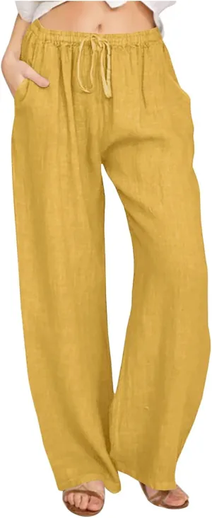 FZYLQY 2025 Women's Drawstring Waist Harem Pants Soft Cotton Linen Trousers with Pockets Loose Fit Casual Slacks for Summer