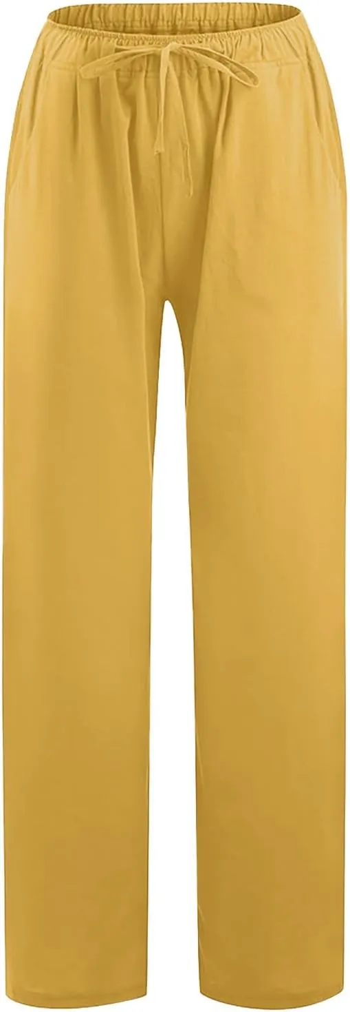 FZYLQY 2025 Women's Drawstring Waist Harem Pants Soft Cotton Linen Trousers with Pockets Loose Fit Casual Slacks for Summer