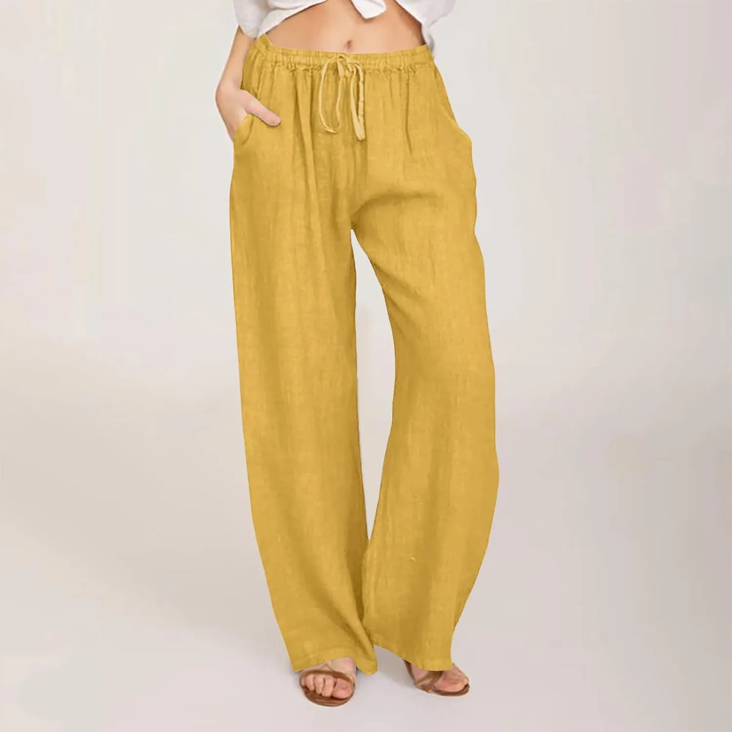 FZYLQY 2025 Women's Drawstring Waist Harem Pants Soft Cotton Linen Trousers with Pockets Loose Fit Casual Slacks for Summer