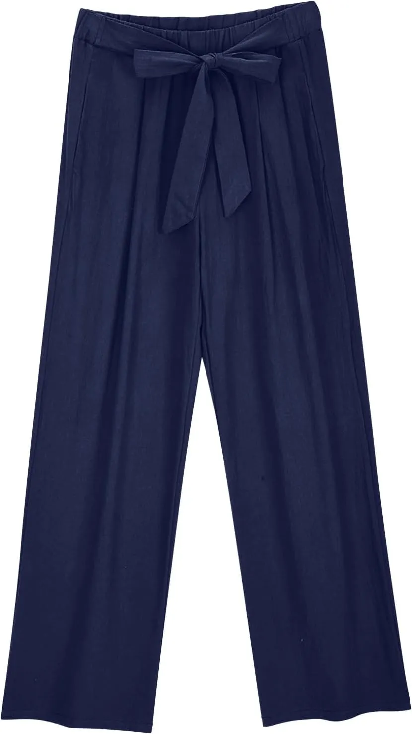 FZYLQY Womens High-Waisted Linen Trousers with Bow Tie Elastic Waist Casual Wide-Leg Pants for Spring and Summer 2025