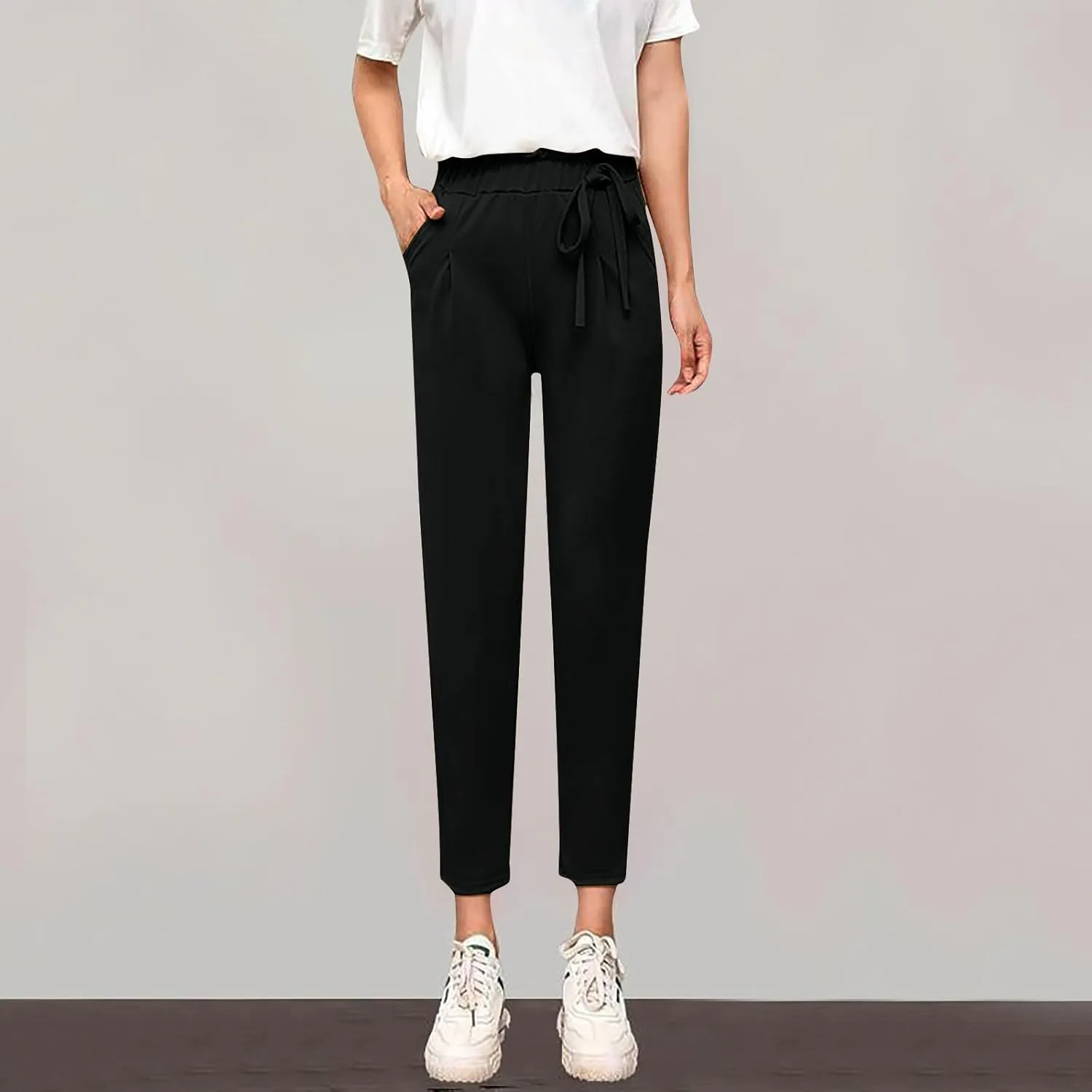 High Waist Pencil Pants for Womens Dressy Bow Knot Cotton Pants Straight Leg Business Work Trousers with Pockets