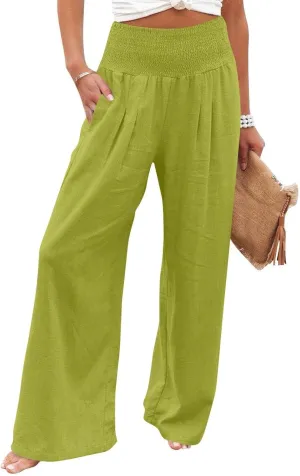 High Waisted Linen Pants Women Wide Leg Palazzo Pants Summer Smocked Casual Pant Work to Lounge Trousers with Pockets