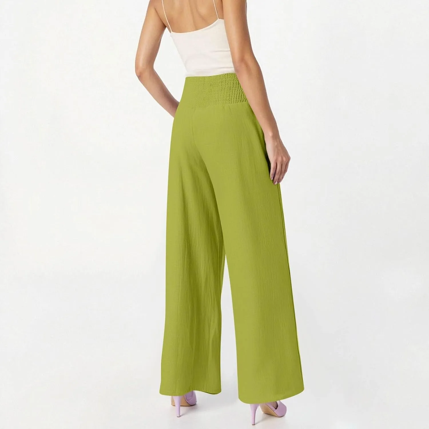 High Waisted Linen Pants Women Wide Leg Palazzo Pants Summer Smocked Casual Pant Work to Lounge Trousers with Pockets
