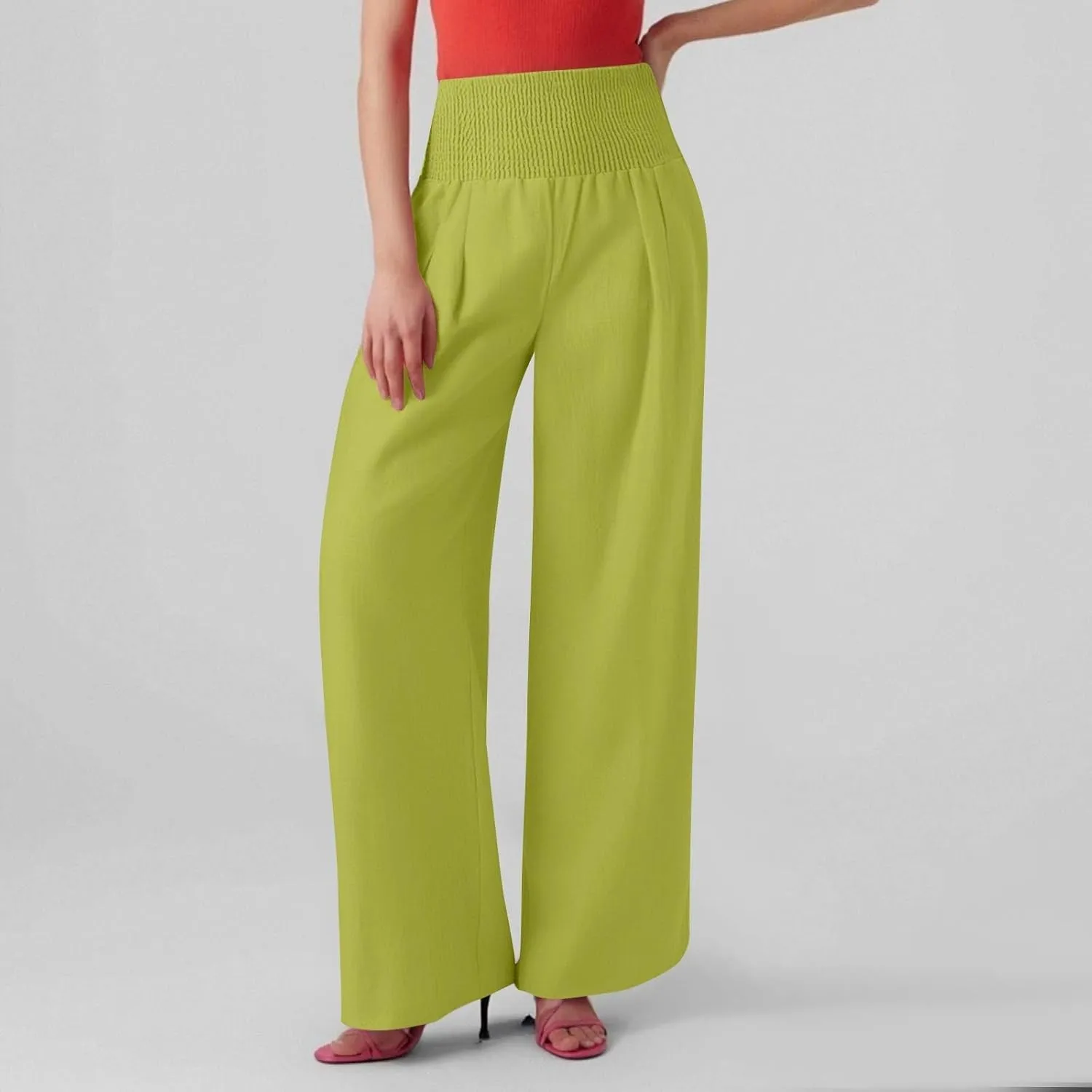 High Waisted Linen Pants Women Wide Leg Palazzo Pants Summer Smocked Casual Pant Work to Lounge Trousers with Pockets