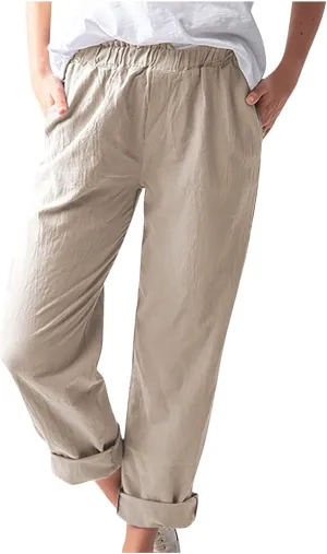 High Waisted Pants with Pockets for Women, Casual Elastic Waist Straight Wide Leg Pants Solid Comfy Trousers