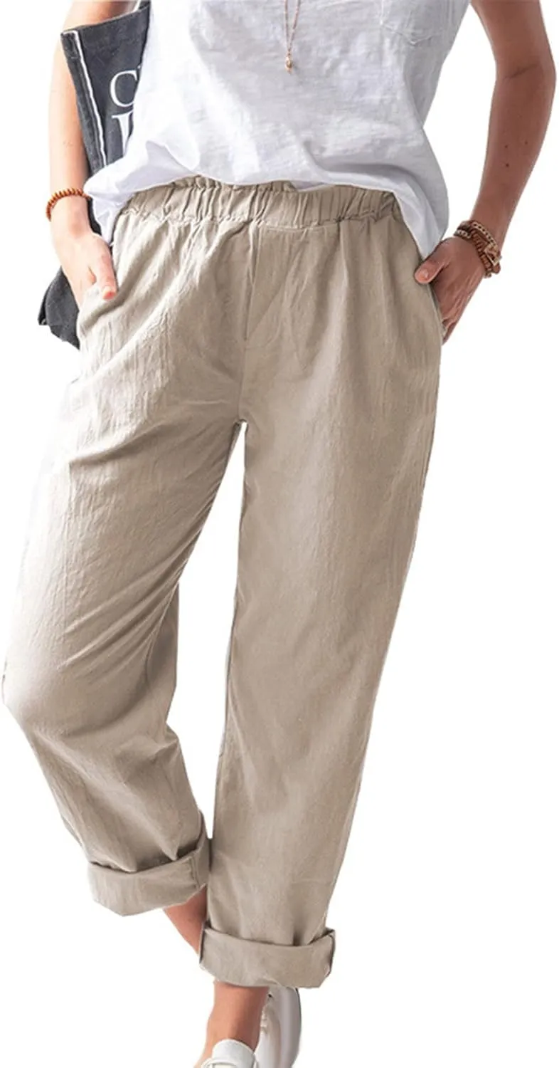 High Waisted Pants with Pockets for Women, Casual Elastic Waist Straight Wide Leg Pants Solid Comfy Trousers