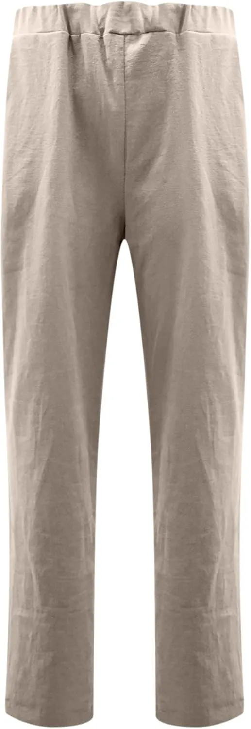 High Waisted Pants with Pockets for Women, Casual Elastic Waist Straight Wide Leg Pants Solid Comfy Trousers