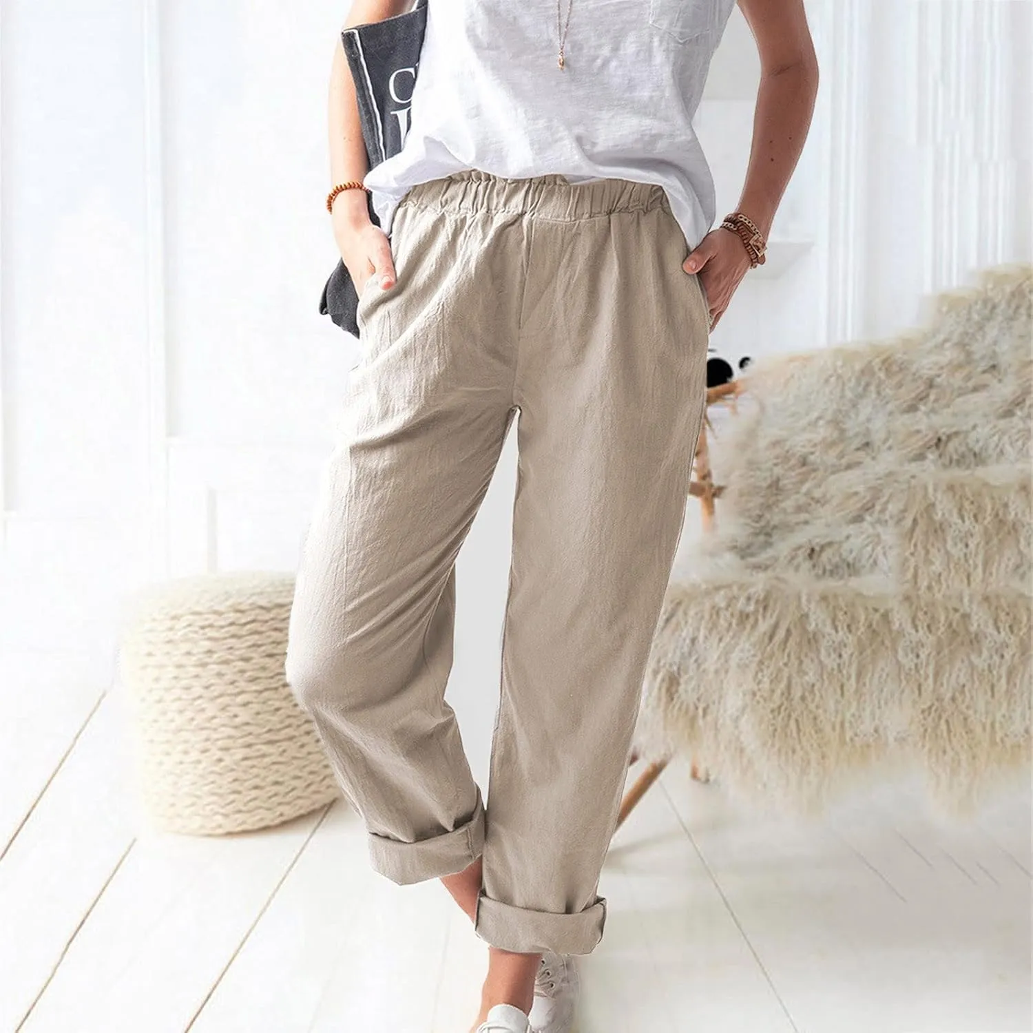 High Waisted Pants with Pockets for Women, Casual Elastic Waist Straight Wide Leg Pants Solid Comfy Trousers