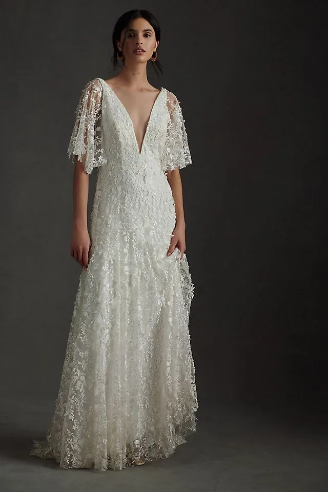 Jenny by Jenny Yoo Lourdes Lace Wedding Dress with V-Neck and Convertible Sleeves , light 01