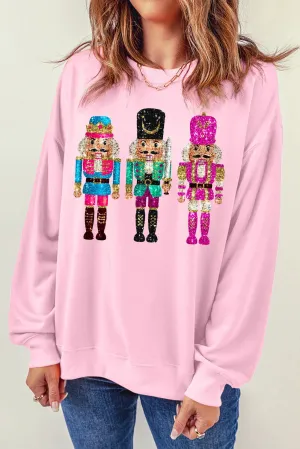 kesley Nutcracker Graphic Round Neck Long Sleeve Sweatshirt ugly christmas sweater sequin