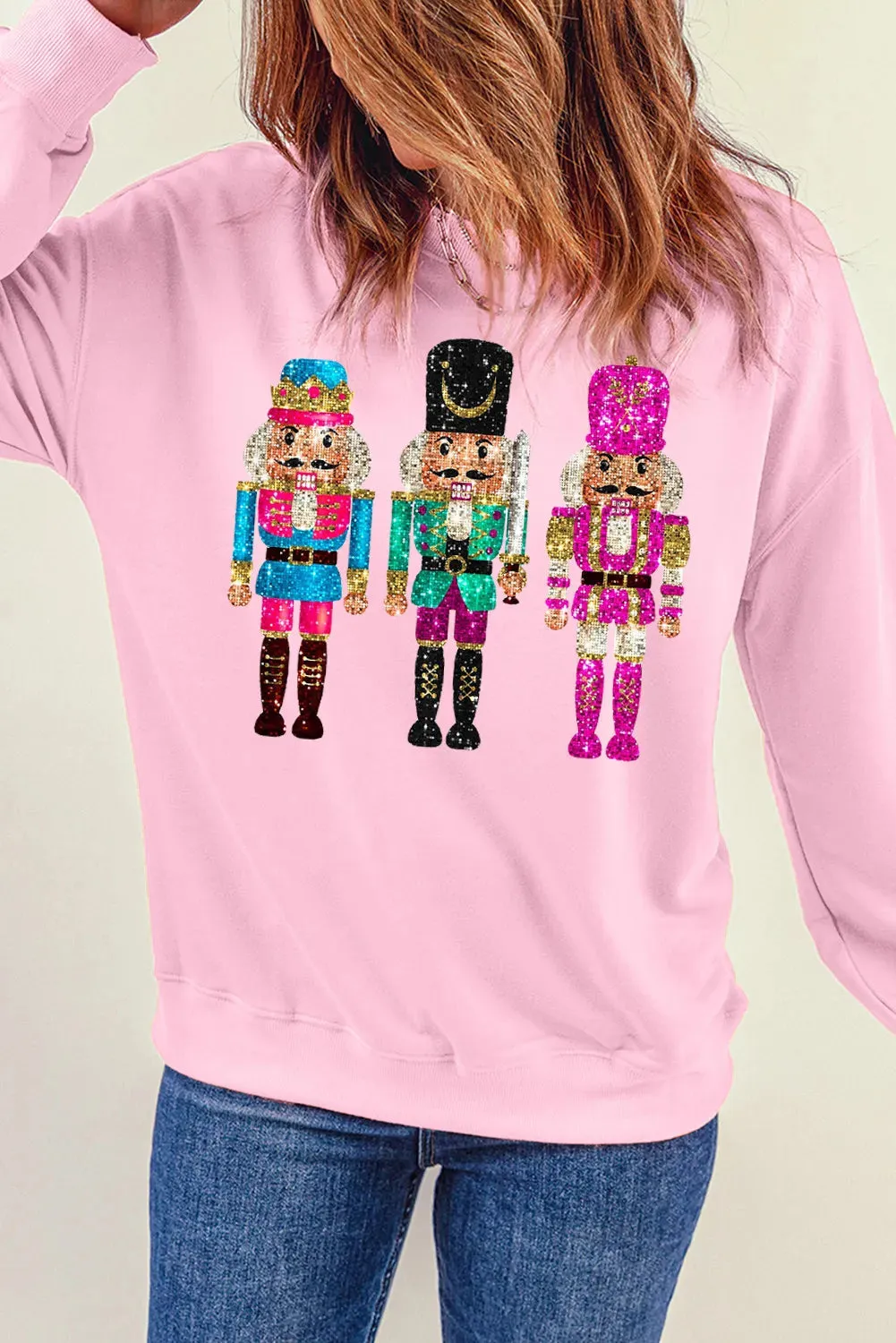 kesley Nutcracker Graphic Round Neck Long Sleeve Sweatshirt ugly christmas sweater sequin
