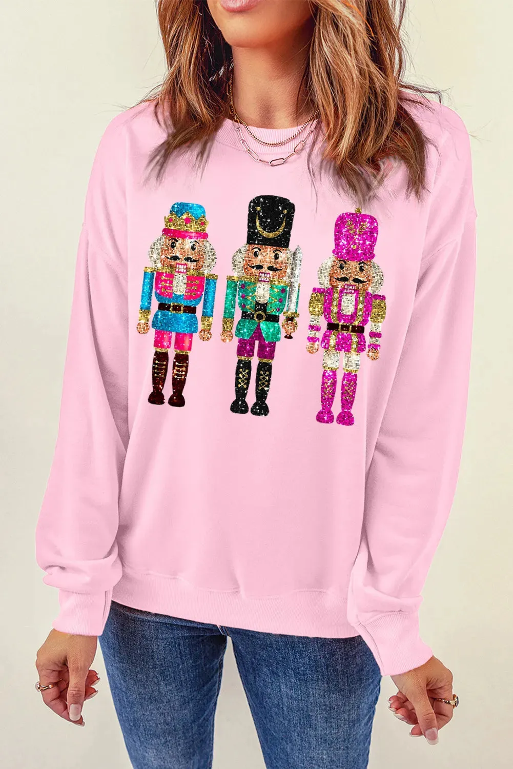 kesley Nutcracker Graphic Round Neck Long Sleeve Sweatshirt ugly christmas sweater sequin