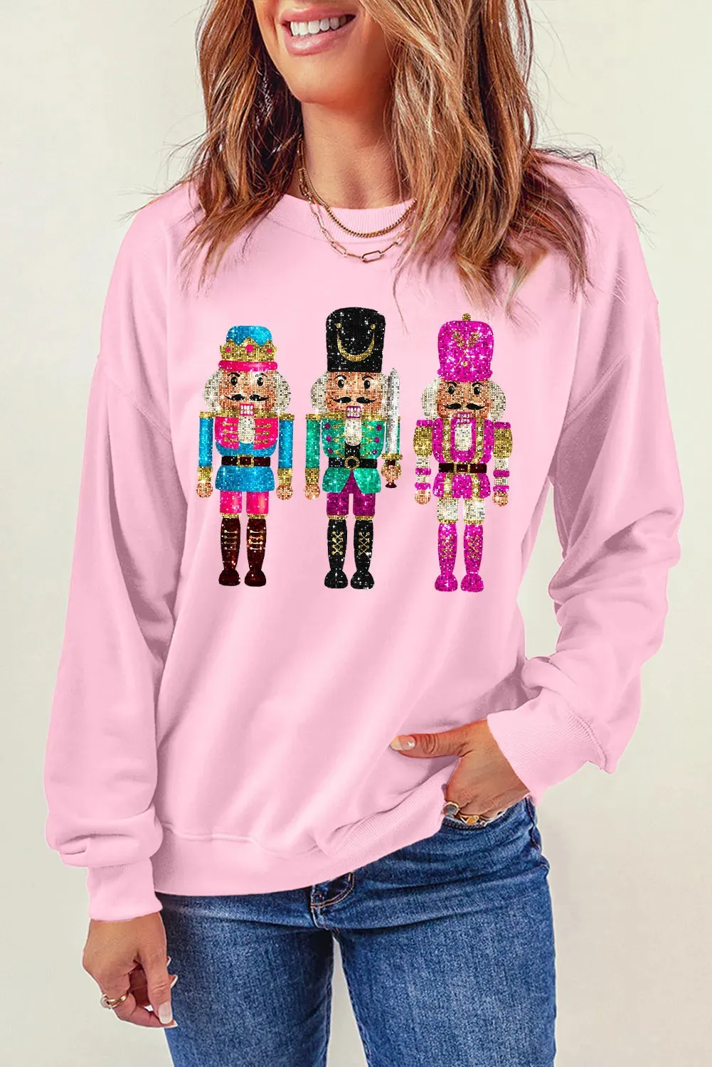 kesley Nutcracker Graphic Round Neck Long Sleeve Sweatshirt ugly christmas sweater sequin