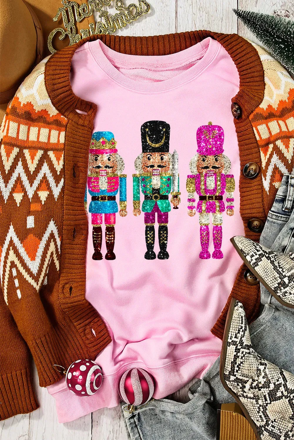kesley Nutcracker Graphic Round Neck Long Sleeve Sweatshirt ugly christmas sweater sequin