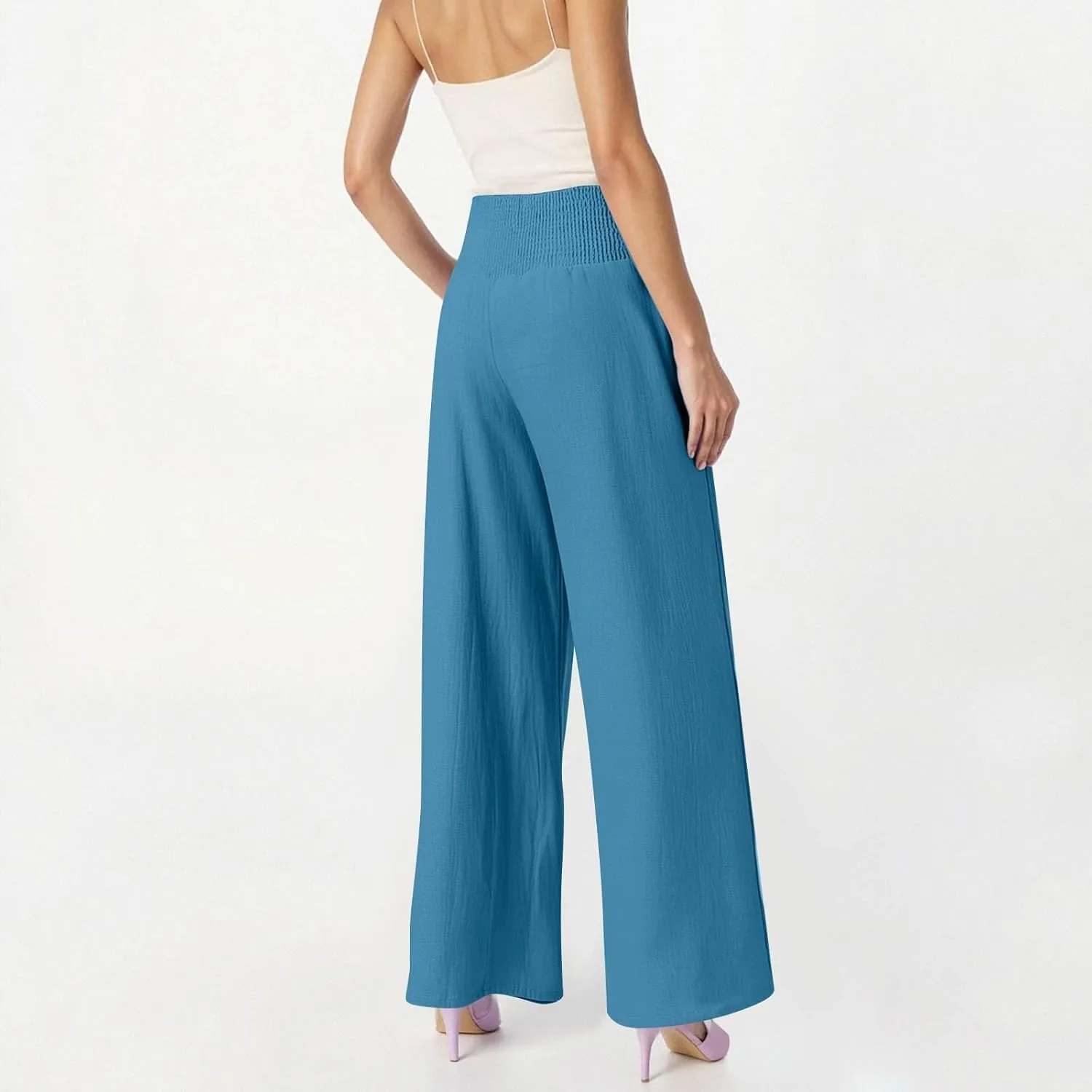 Linen Pants Woman Summer High Waist Palazzo Pants Pleated Baggy Pant Dressy Trousers with Pockets (S-XXL)