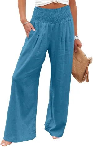 Linen Pants Woman Summer High Waist Palazzo Pants Pleated Baggy Pant Dressy Trousers with Pockets (S-XXL)
