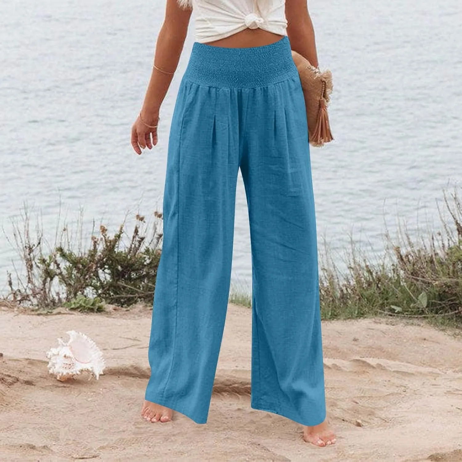 Linen Pants Woman Summer High Waist Palazzo Pants Pleated Baggy Pant Dressy Trousers with Pockets (S-XXL)
