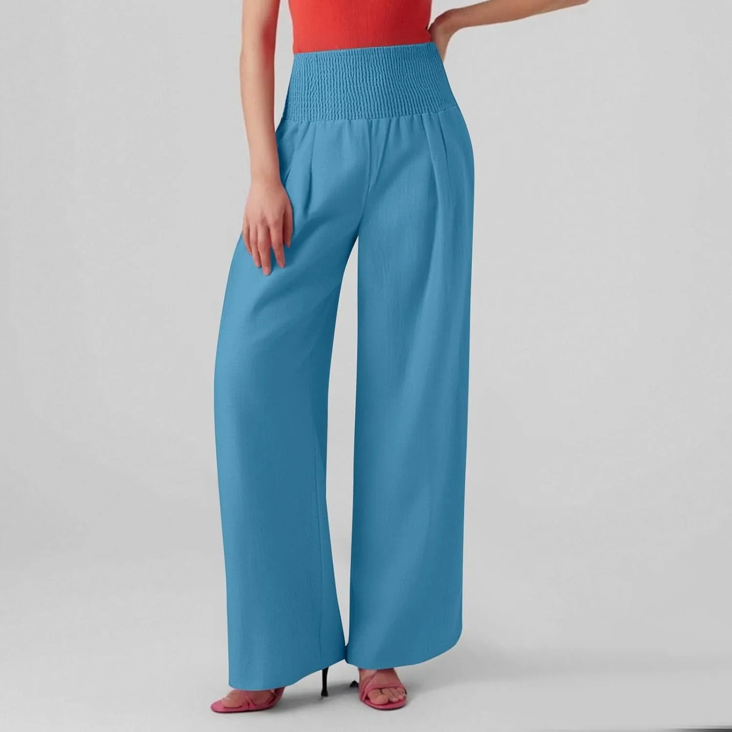 Linen Pants Woman Summer High Waist Palazzo Pants Pleated Baggy Pant Dressy Trousers with Pockets (S-XXL)