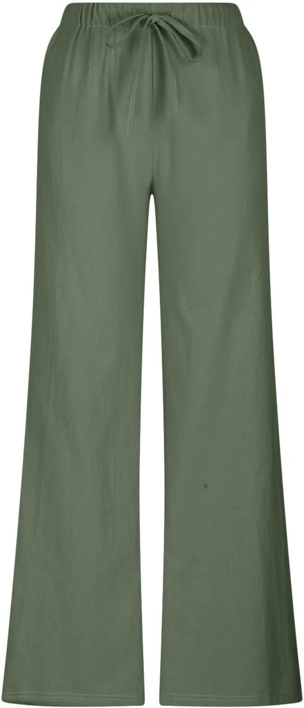 Linen Wide Leg Pants for Women Summer High Waisted Drawstring Palazzo Pants Casual Beach Pants Baggy Lounge Trousers