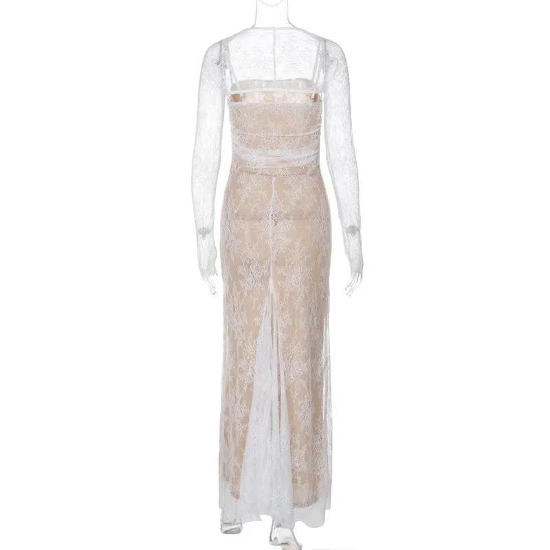 Long sleeve lace zip-up ruched shrug cami maxi dress