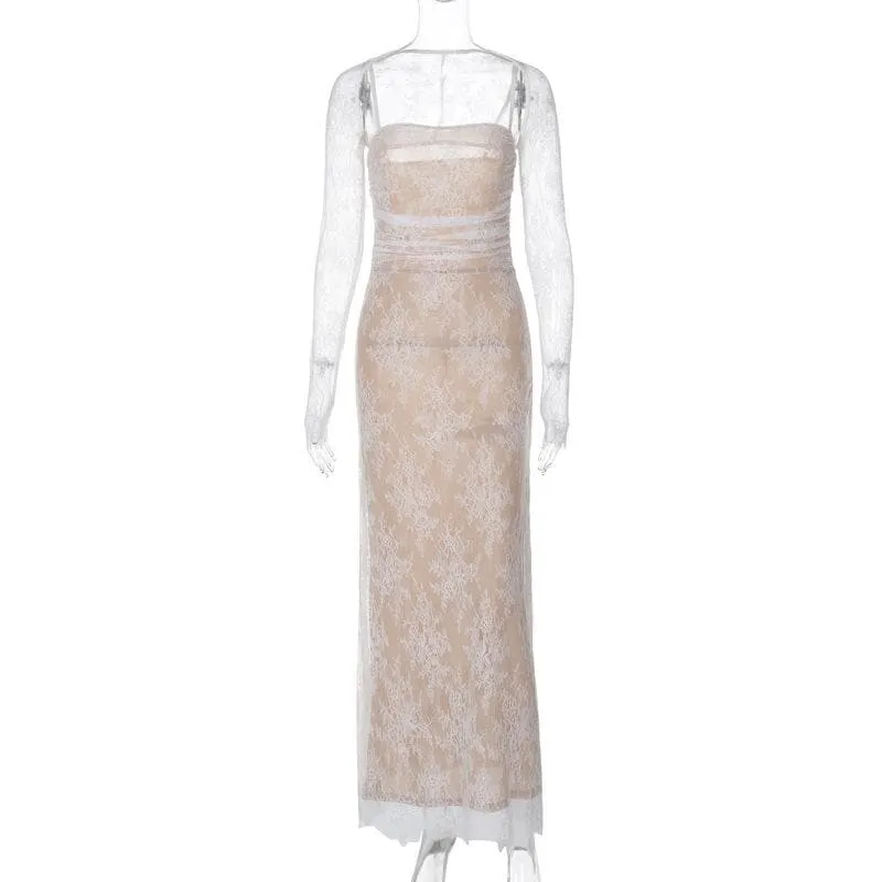 Long sleeve lace zip-up ruched shrug cami maxi dress