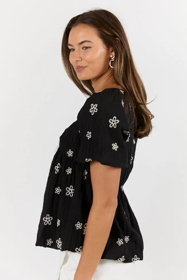 Lovely Thoughts Black Embroidered Floral Bubble Hem Blouse