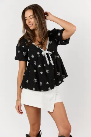 Lovely Thoughts Black Embroidered Floral Bubble Hem Blouse