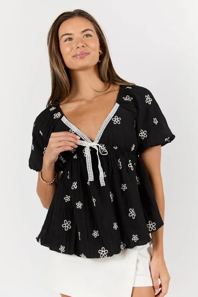 Lovely Thoughts Black Embroidered Floral Bubble Hem Blouse