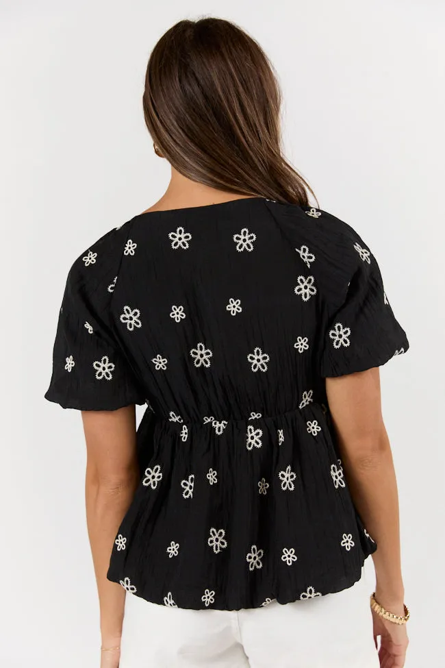 Lovely Thoughts Black Embroidered Floral Bubble Hem Blouse