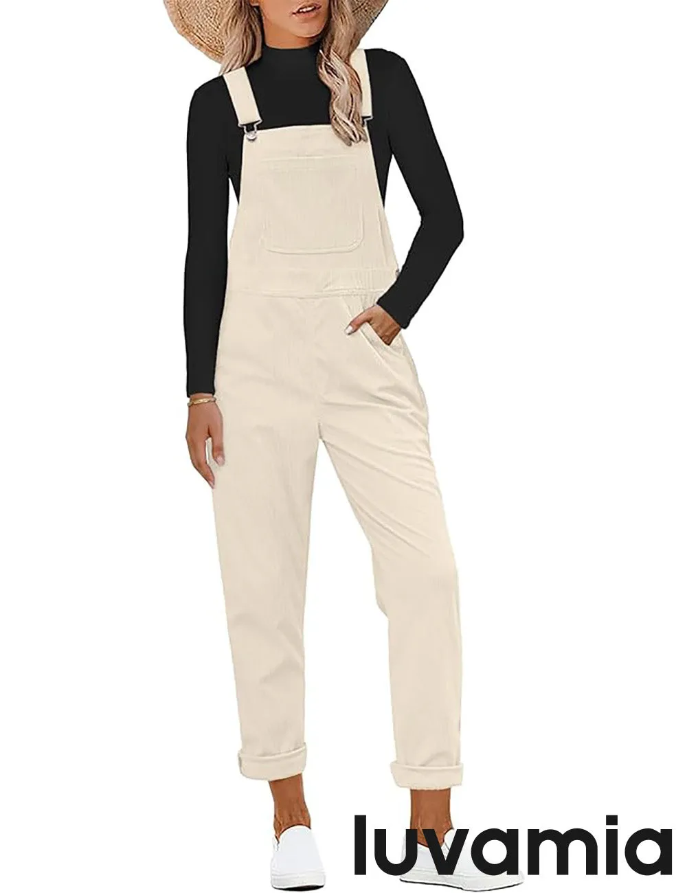 LUVAMIA Women's Fashion Adjustable Strap Overall Pocket Bib Overall Tapered Leg Classic Overall