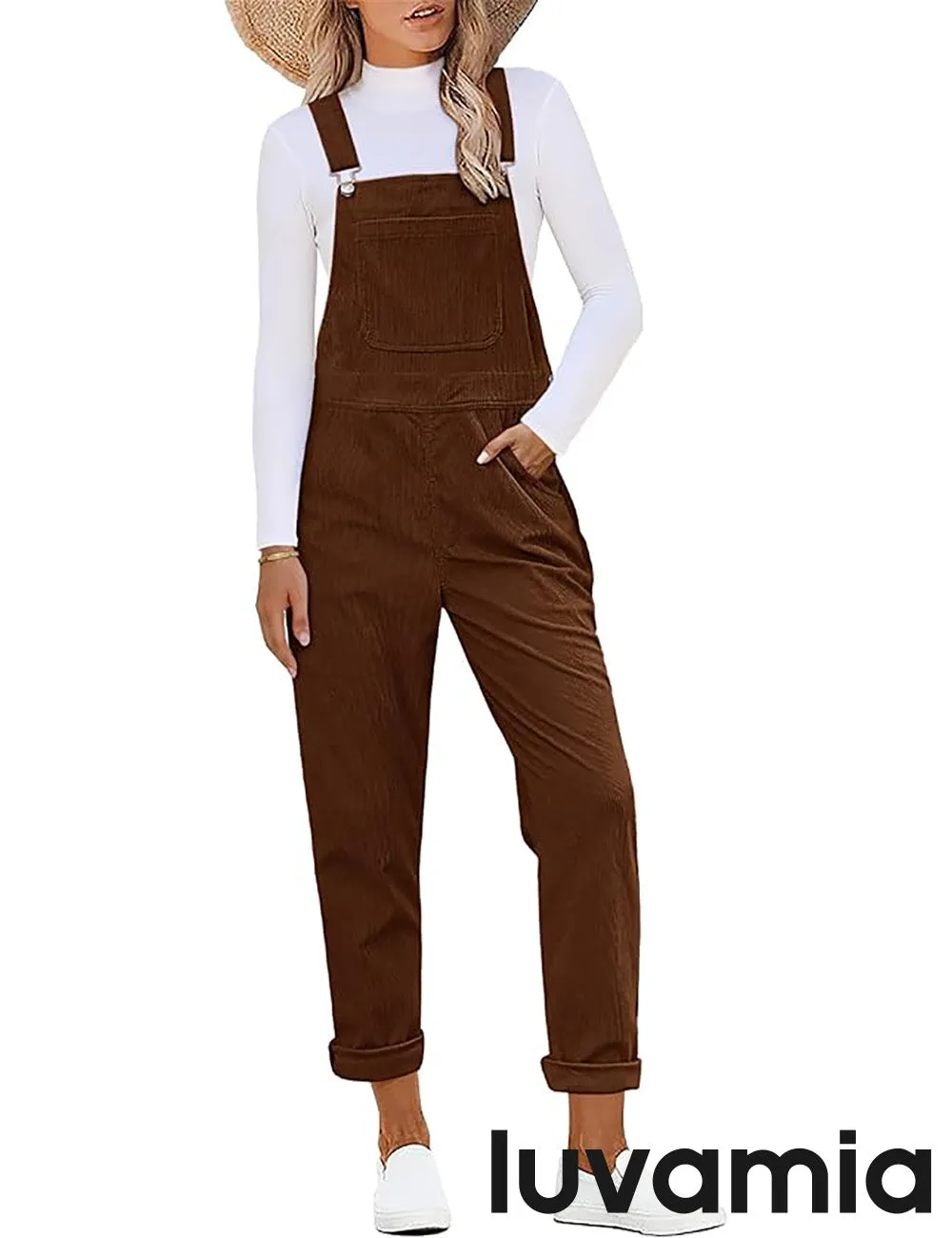 LUVAMIA Women's Fashion Adjustable Strap Overall Pocket Bib Overall Tapered Leg Classic Overall