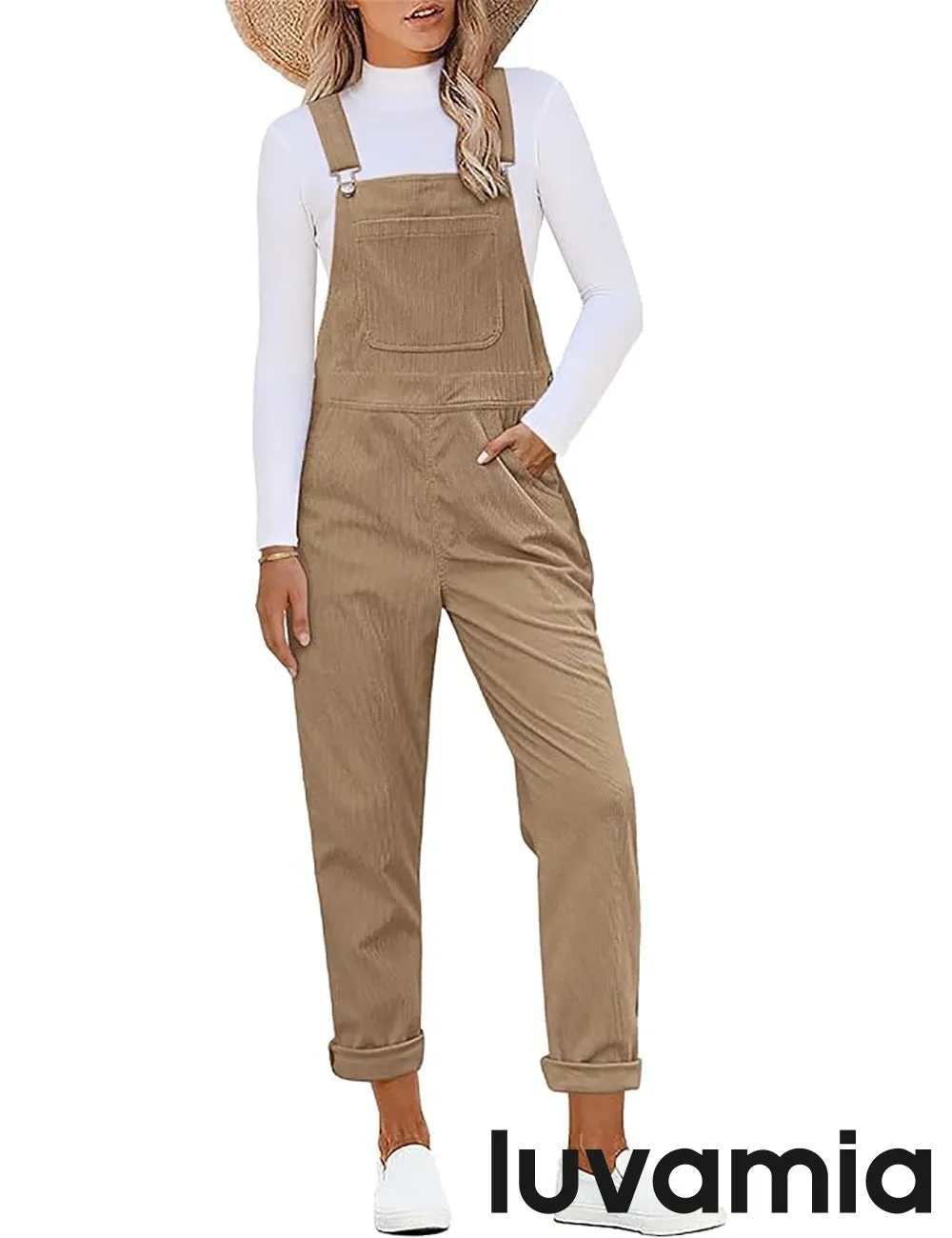 LUVAMIA Women's Fashion Adjustable Strap Overall Pocket Bib Overall Tapered Leg Classic Overall