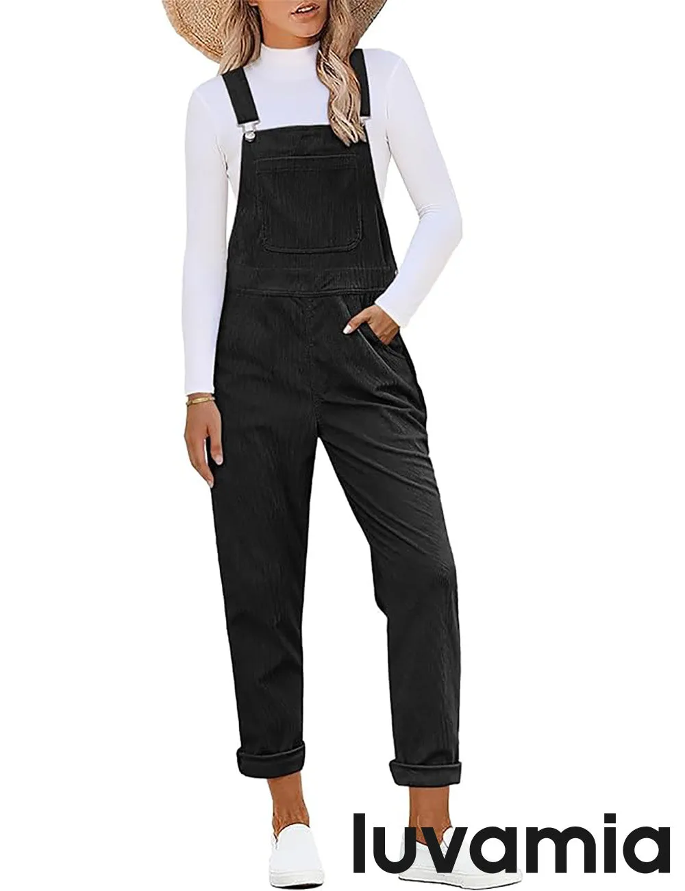 LUVAMIA Women's Fashion Adjustable Strap Overall Pocket Bib Overall Tapered Leg Classic Overall