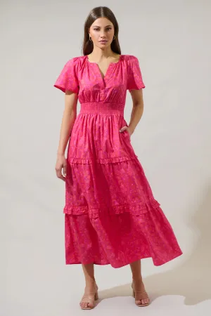 Magenta Cerise Floral Palmer Poplin Tiered Maxi Dress