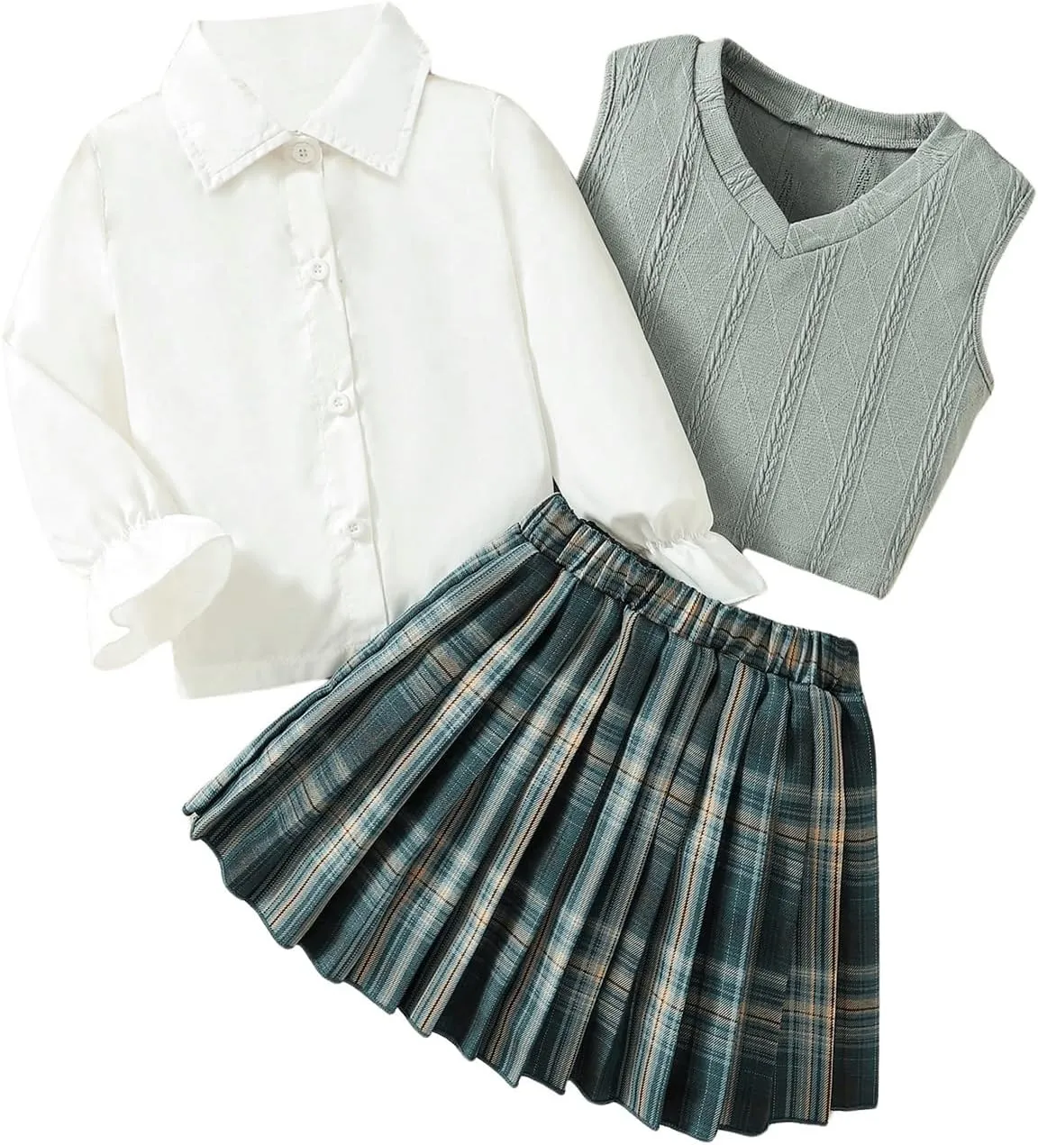 MakeMeChic Girl's 3 Piece Skirt Set Plaid Pleated Skirts Vest Tops Cute Clothes Fall Outfits