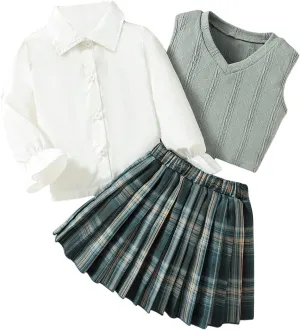 MakeMeChic Girl's 3 Piece Skirt Set Plaid Pleated Skirts Vest Tops Cute Clothes Fall Outfits