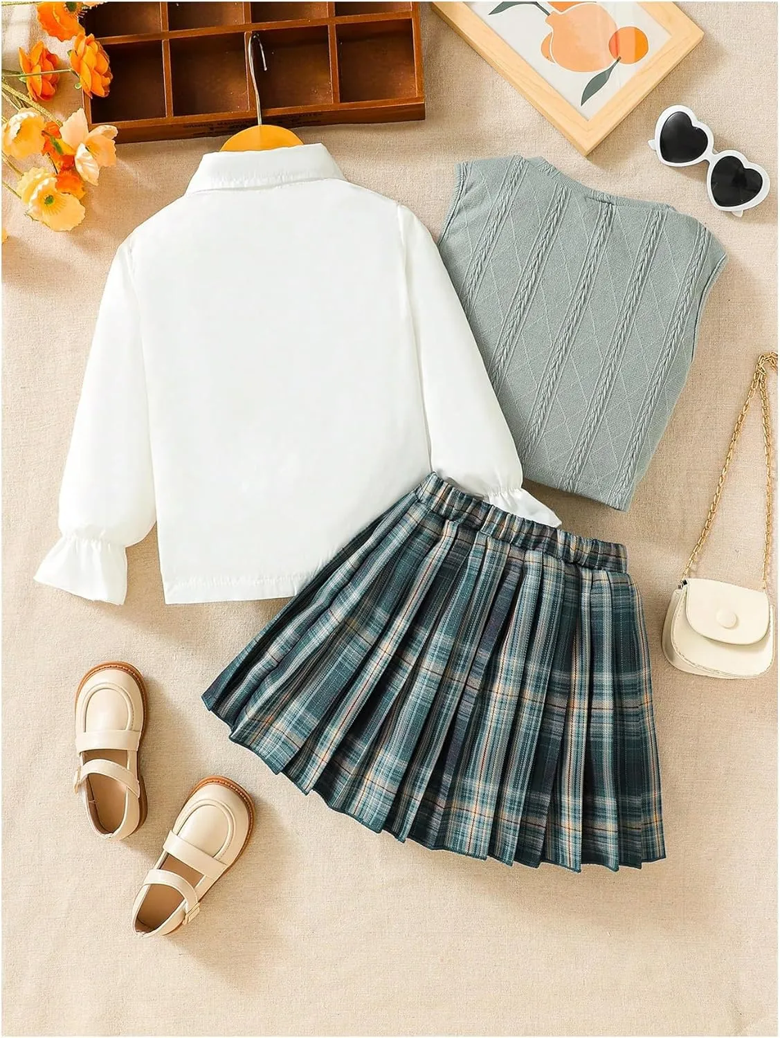 MakeMeChic Girl's 3 Piece Skirt Set Plaid Pleated Skirts Vest Tops Cute Clothes Fall Outfits