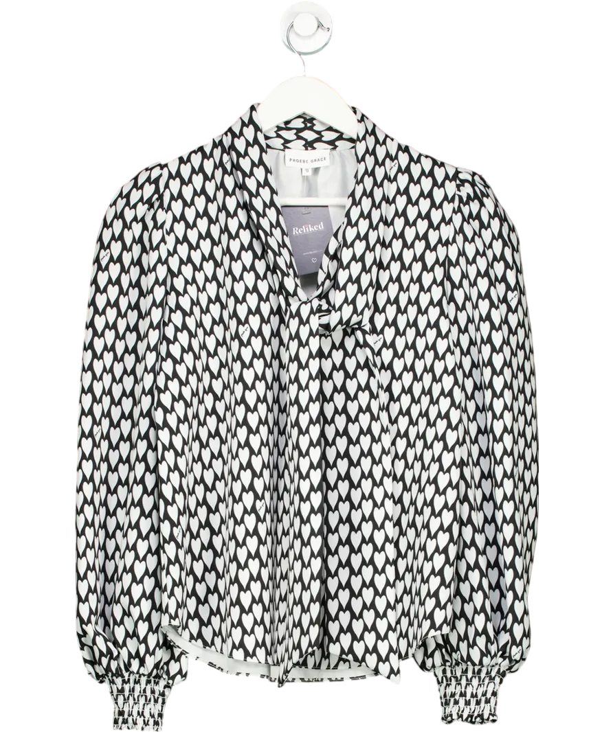 Phoebe Grace Black White Heart Print Tie Bow Blouse UK 10