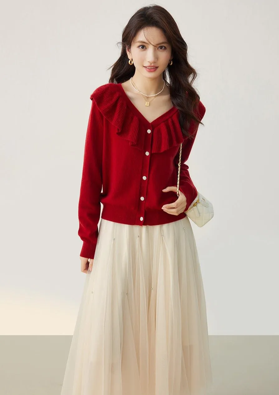 RED RUFFLE NECK KNIT CARDIGAN