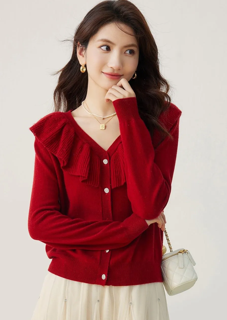 RED RUFFLE NECK KNIT CARDIGAN