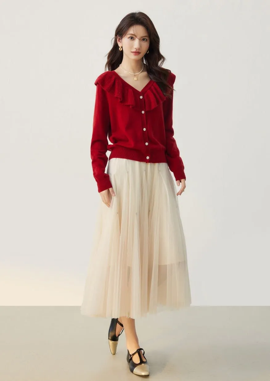 RED RUFFLE NECK KNIT CARDIGAN