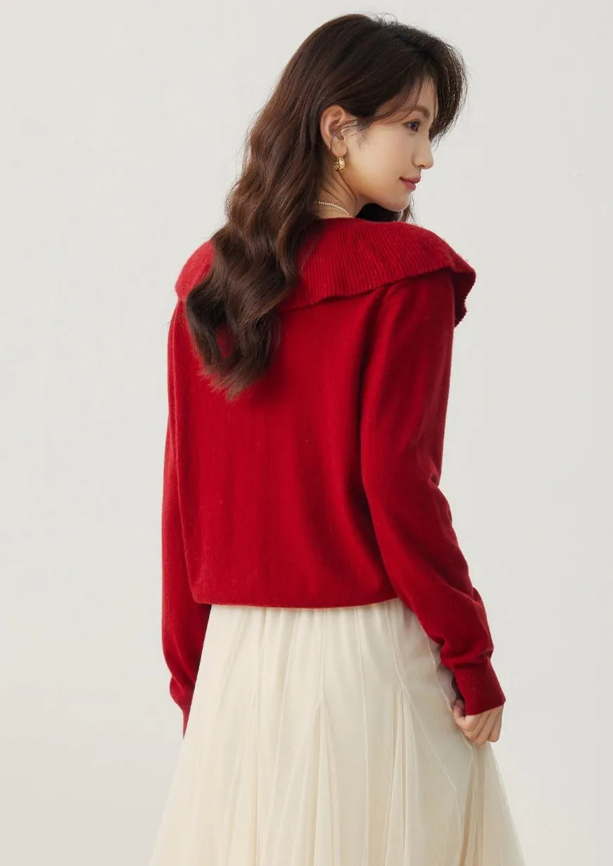 RED RUFFLE NECK KNIT CARDIGAN