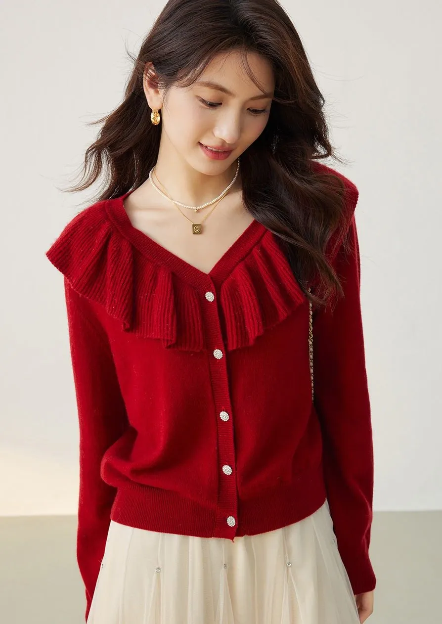 RED RUFFLE NECK KNIT CARDIGAN