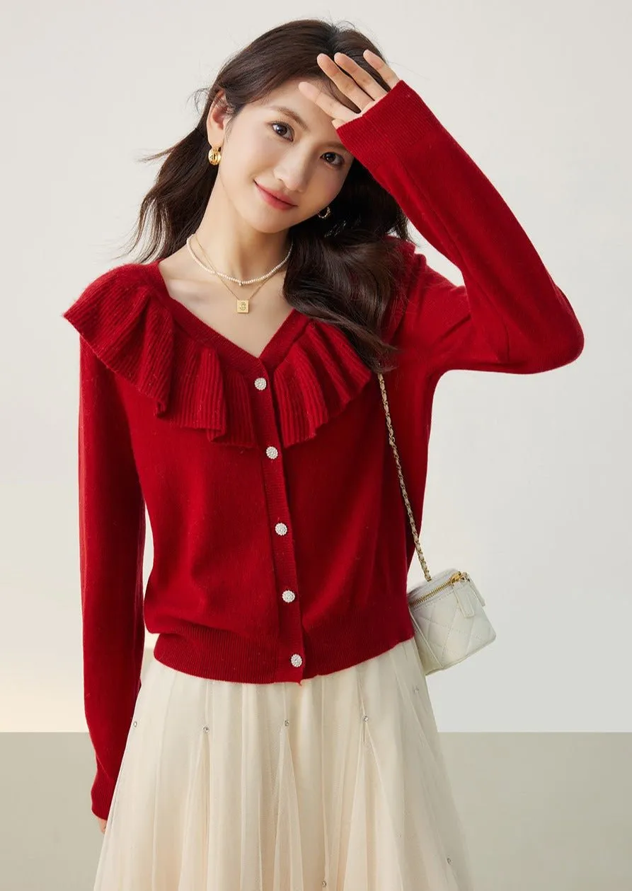 RED RUFFLE NECK KNIT CARDIGAN