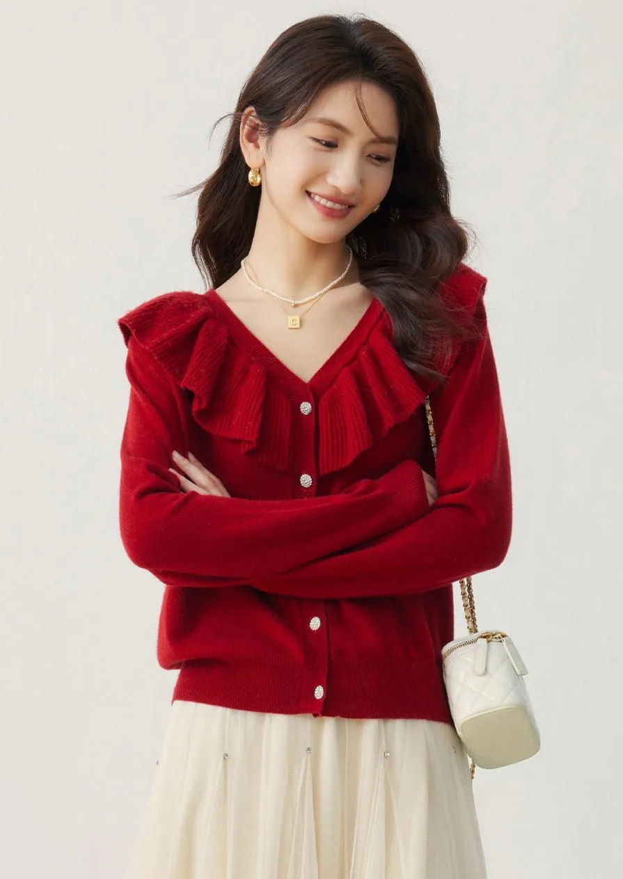 RED RUFFLE NECK KNIT CARDIGAN