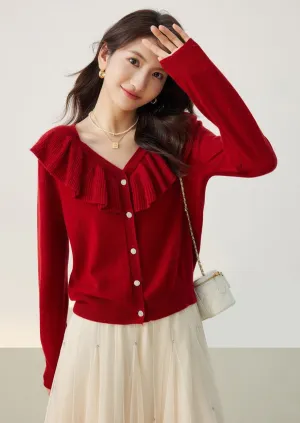 RED RUFFLE NECK KNIT CARDIGAN