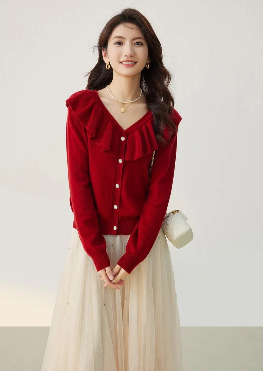 RED RUFFLE NECK KNIT CARDIGAN