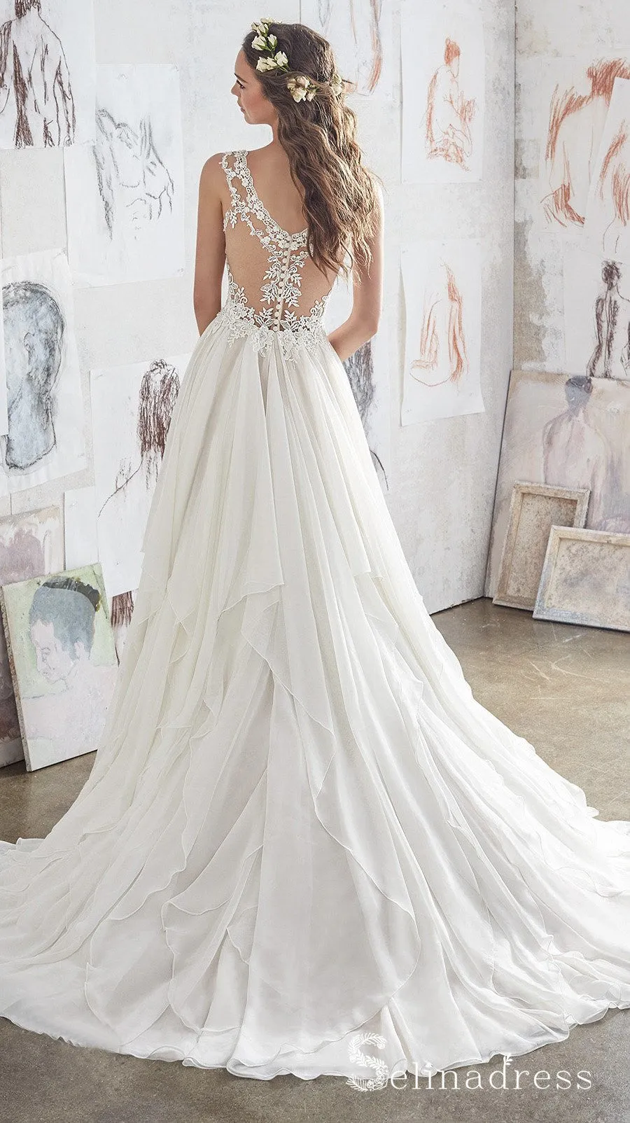 Romantic See Through Wedding Dresses Ivory Lace Wedding Gown SEW034